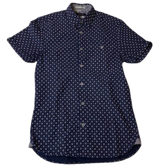 Ted Baker Polarbe Navy Dot Print Woven Cotton Short Sleeve Shirt Size 1 & Small - Picture 1 of 11